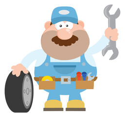 Obraz na płótnie Canvas Smiling Mechanic Cartoon Character With Tire And Huge Wrench Flat Style. Hand Drawn Illustration Isolated On Transparent Background