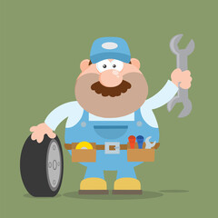 Smiling Mechanic Cartoon Character With Tire And Huge Wrench Flat Style. Hand Drawn Illustration Isolated On Transparent Background