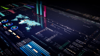 Business stock market, trading, info graphic with animated graphs, charts and data numbers insight analysis to be shown on monitor display screen for business meeting mock up theme