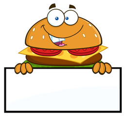 Hamburger Cartoon Character Over A Blank Sign. Hand Drawn Illustration Isolated On Transparent Background