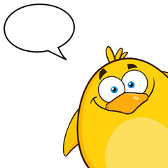 Smiling Yellow Chick Cartoon Character Looking From A Corner With Speech Bubble. Hand Drawn Illustration Isolated On Transparent Background