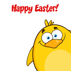 Happy Easter With Yellow Chick Cartoon Character Looking From A Corner. Hand Drawn Illustration Isolated On Transparent Background