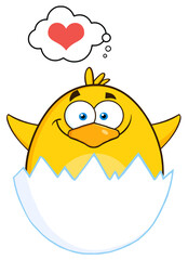 Surprise Yellow Chick Cartoon Character Out Of An Egg Shell With Speech Bubble With Heart. Hand Drawn Illustration Isolated On Transparent Background