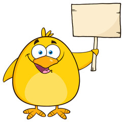 Happy Yellow Chick Cartoon Character Holding A Wooden Sign. Hand Drawn Illustration Isolated On Transparent Background