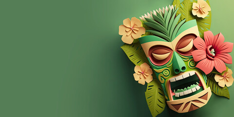 tiki festival background with copy space for text, paper cut style tiki mask, festival banner