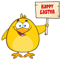 Happy Yellow Chick Cartoon Character Holding A Happy Easter Sign. Hand Drawn Illustration Isolated On Transparent Background
