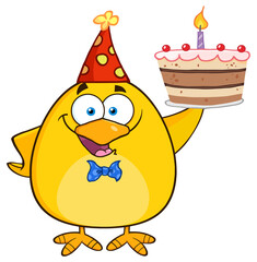 Happy Yellow Chick Cartoon Character Holding Up A Birthday Cake. Hand Drawn Illustration Isolated On Transparent Background