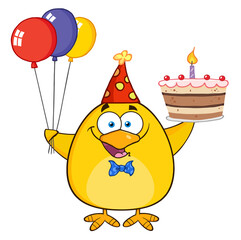 Cute Yellow Chick Holding Up A Colorful Balloons And Birthday Cake. Hand Drawn Illustration Isolated On Transparent Background