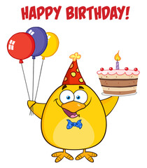 Happy Birthday With Chick Holding Up A Colorful Balloons And Birthday Cake. Hand Drawn Illustration Isolated On Transparent Background