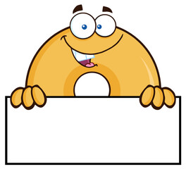 Donut Cartoon Character Over A Sign. Hand Drawn Illustration Isolated On Transparent Background