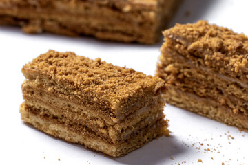 cake Medovik on background. Close up view