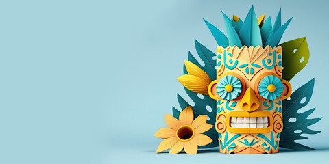 Tiki festival background with copy space, 3d with papercut style, tiki mask, festival banner for advertisement 