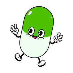 Cute funny jumping pill character. Vector hand drawn traditional cartoon vintage, retro, kawaii character illustration icon. Isolated on white background. Pill jump character concept