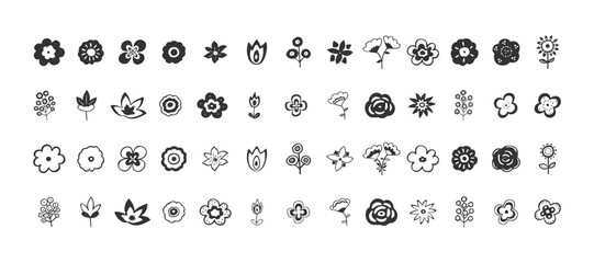 Set of flower vector. Vector botanical flowers black outline collection. Floral vector illustration. Wild flowers flat symbols. Vector illustration.