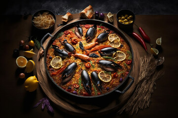 Paella, national Spanish dish with seafood in frying pan on wooden table. Food illustration still life AI generated