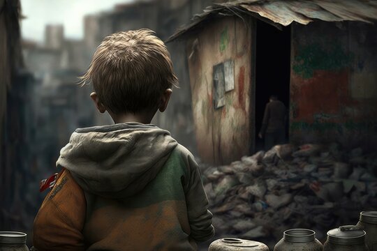 Hungry boy on the slum district. Back view. Generative AI