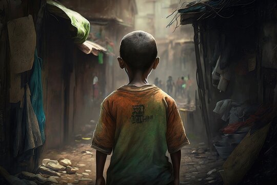 Hungry boy on the slum district. Back view. Generative AI