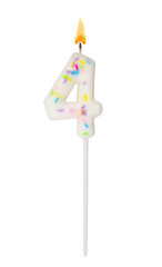 Burning white decorated birthday candle isolated on white background, number 4