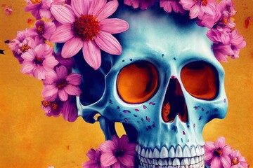 Watercolor Skull and Flowers Halloween Illustration. Generative AI