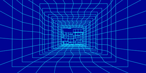 3D wireframe room on blue background. Abstract perspective grid. Vector illustration.