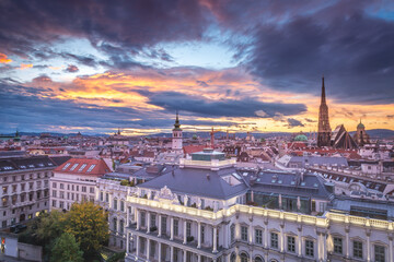Panoramic view of Vienna cityscape with Cathedrals and domes from above, Austria
