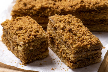 cake Medovik on background. Close up view