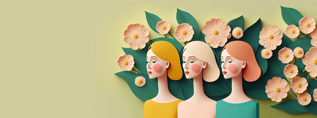 Woman's day paper cut with flowers and Copy space for text, International Woman's day, modified illustration, papercut design with beautiful woman with light green background and empty space