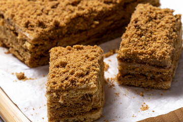 cake Medovik on background. Close up view