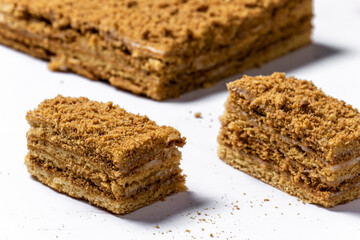 cake Medovik on background. Close up view