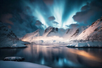 Naklejka premium beautiful snowy mountain landscape with riverbeautiful snowy mountain landscape with river at night time