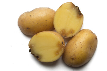 rot infected potato cut in half on a white background