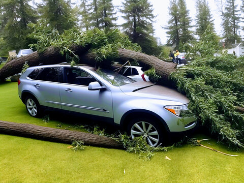 Massive Tree Fallen on Top of Car Accident Wreckage from Either Unsafe Driving Crash or Natural Disaster Like Hurricane, Wind Storm, Tornado, Typhoon, Earthquake Example Produced by Generative AI