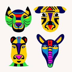 Set of african ethnic style animal heads in flat style, safari tribal collection mask in vibrant colors