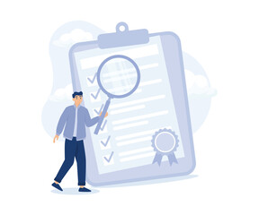 Standard, quality control or certified approval, businessman hold magnifying glass with standard QC badge document. modern flat vector illustration