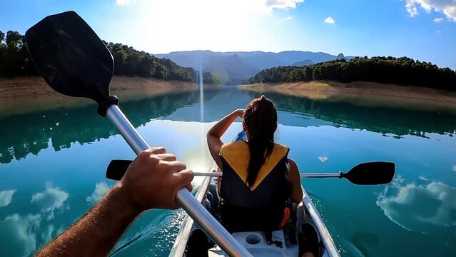 Kayak rowing slow motion. Kayaker woman and man kayaking in beautiful landscape at Embalse de la Bolera, Spain. Kayakers practice sports in a kayak at the lake. Aquatic sports during summer