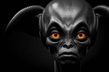 Portrait of an alien with big ears and orange eyes on a black background. Generative AI.