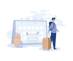 Annual leave, happy businessman running with luggage from calendar with annual leave note. modern flat vector illustration