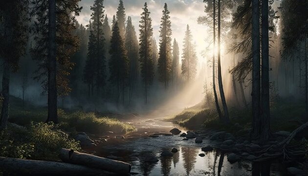 Forest Landscape With Sunrise Morning Foggy Weather Generated AI HD 4K