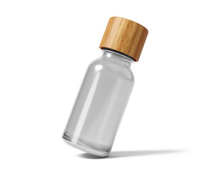 Blank amber essential oil bottle with wooden lid isolated on transparent background, prepared for mockup, 3D render.