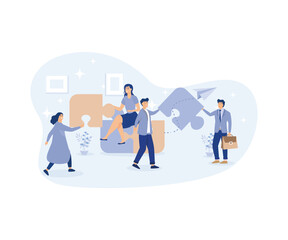 Employee engagement,  increase value and workplace motivation concept, employees help complete jigsaw, modern flat vector illustration