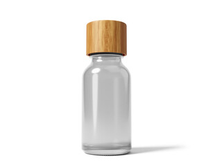 Blank amber essential oil bottle with wooden lid isolated on transparent background, prepared for mockup, 3D render.