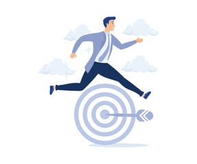 Achieve target, success mission or victory concept, success skillful businessman jumping over arrow, modern flat vector illustration