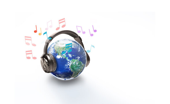 The world is listening, World music day, Earth with headphone on light background, Elements of this image furnished by NASA