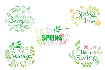 Set of spring Calligraphy. Hello Spring. Spring is coming, Spring time lettering decoration with green leaves and flower. Spring logo collection. Vector illustration.