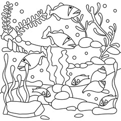 Underwater coloring book page for adult and older children. Fish and algae seaweed , under sea world. Hand drawn Vector illustration.