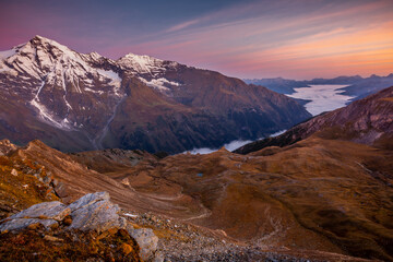 Hohe Tauern mountains from above dramatic Grossglockner road at dawn, Austria