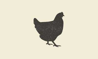 Hen, chicken. Vintage logo, retro print, poster for Butchery meat shop, hen silhouette. Logo template for meat business, meat shop. Isolated black silhouette hen, white background. Vector Illustration