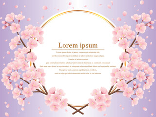 Fototapeta na wymiar 交差した桜の枝と桜吹雪と金色ラインの丸フレームのイラスト（紫）