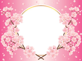 Fototapeta na wymiar 交差した桜の枝と桜吹雪と金色ラインの丸フレームのイラスト（ピンク）