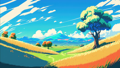Vibrant Anime Countryside - A stunning and vibrant countryside landscape with colorful anime-style elements, combined with impressionistic touches - a perfect wallpaper background